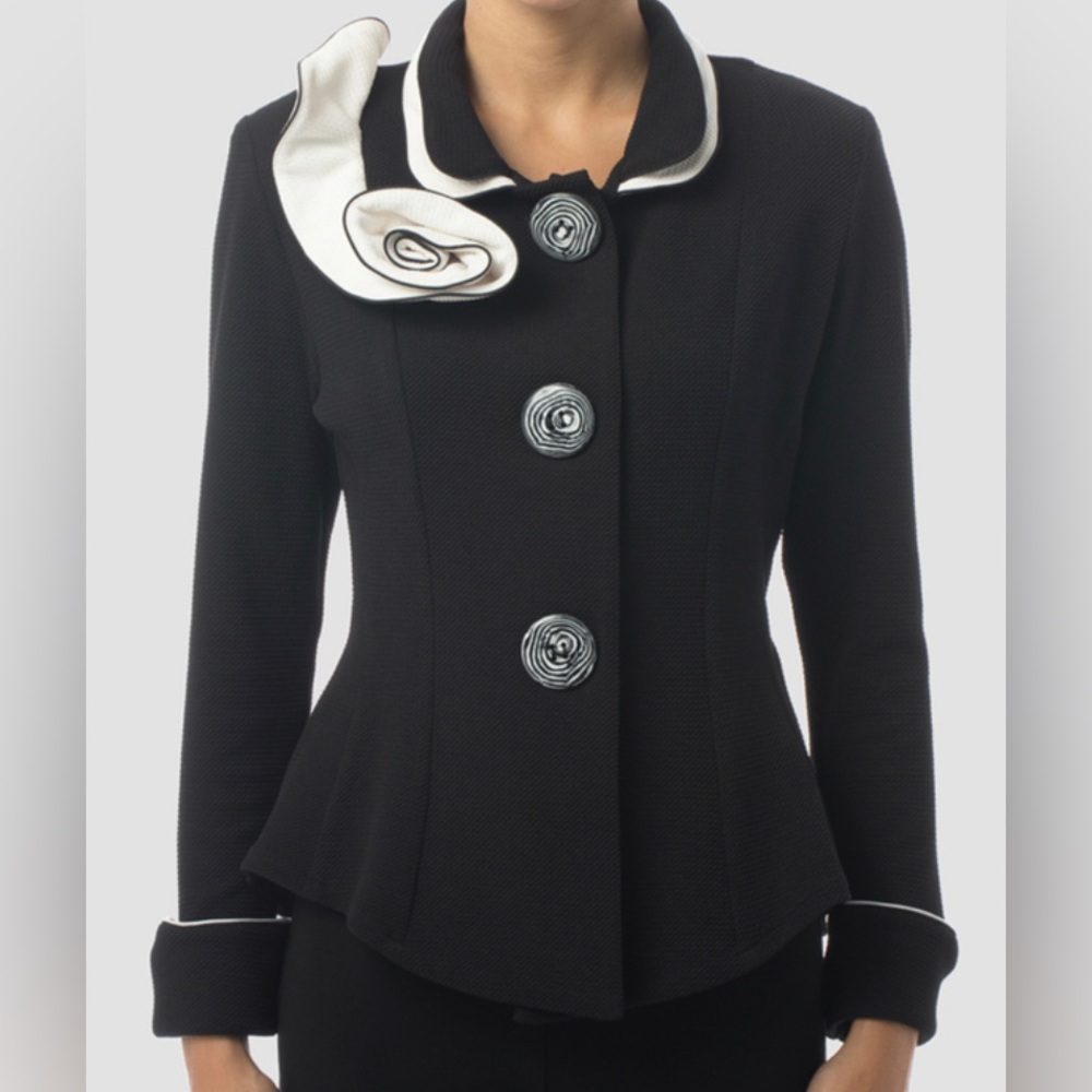 New, Canadian Designer, Joseph Ribkoff, peplum, classy black/vanilla jacket. - Picture 2 of 5